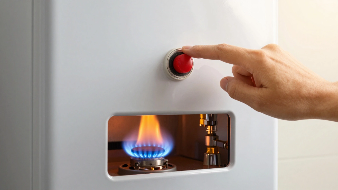 Blue pilot flame and red reset button on gas water heater