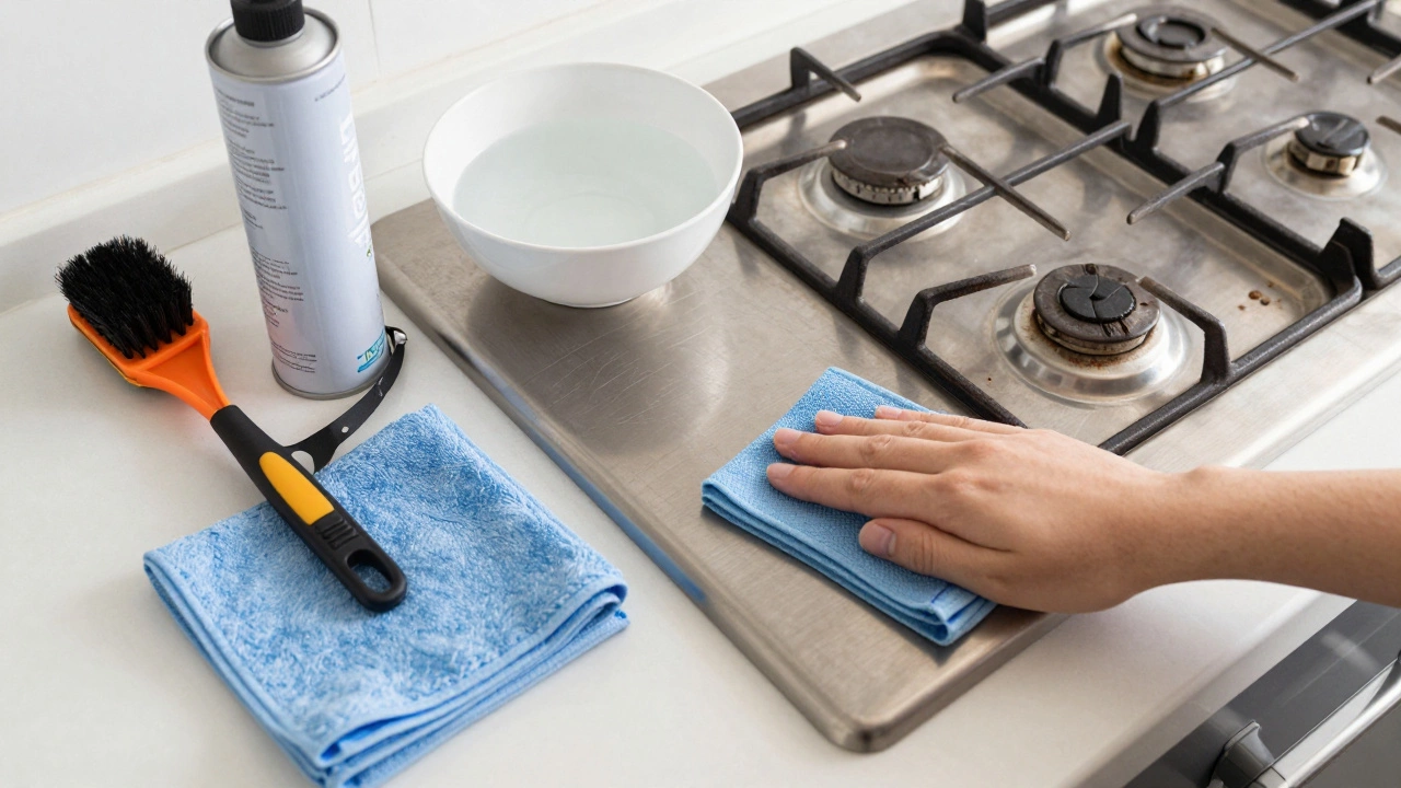 Cleaning tools and microfiber cloth next to a maintained gas hob