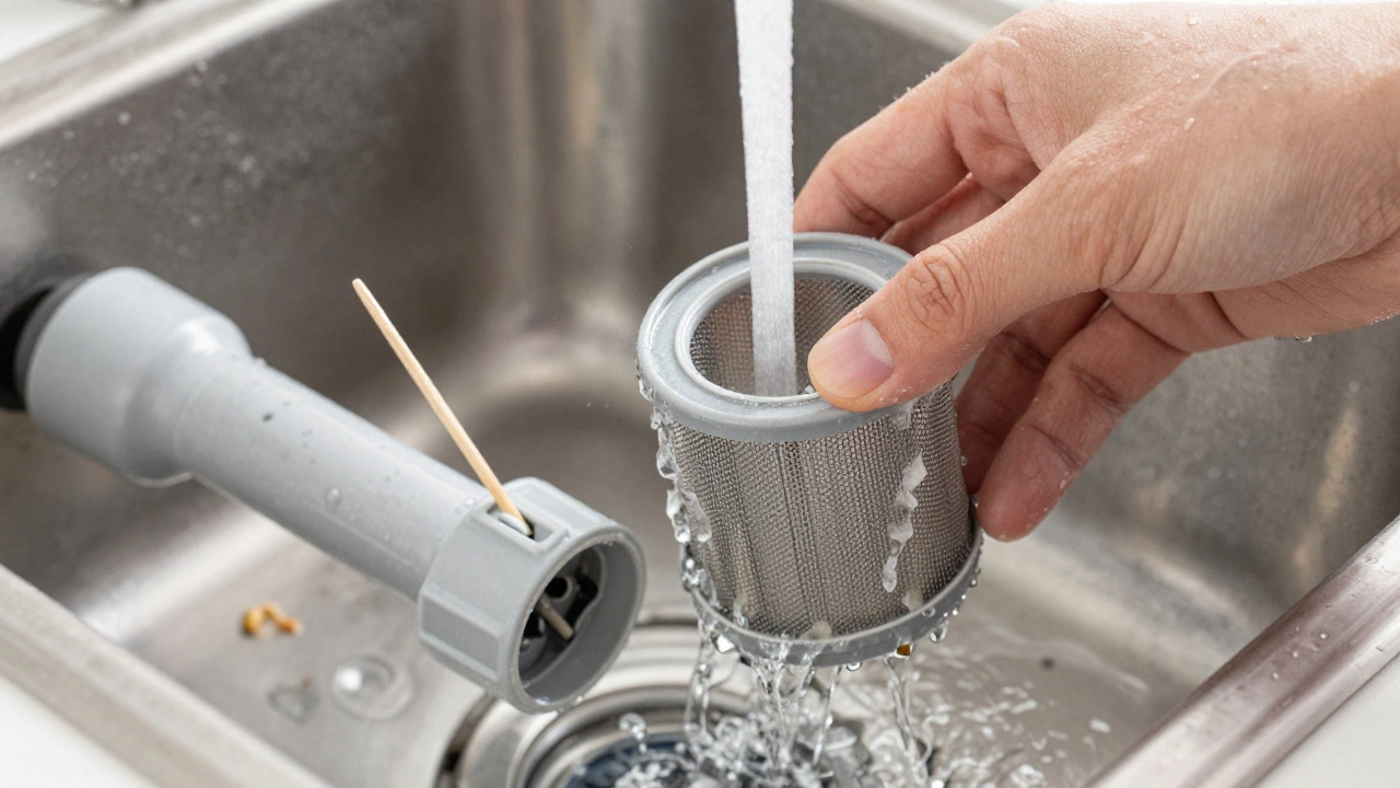 Close-up of cleaning dishwasher filter and unclogging spray arm holes