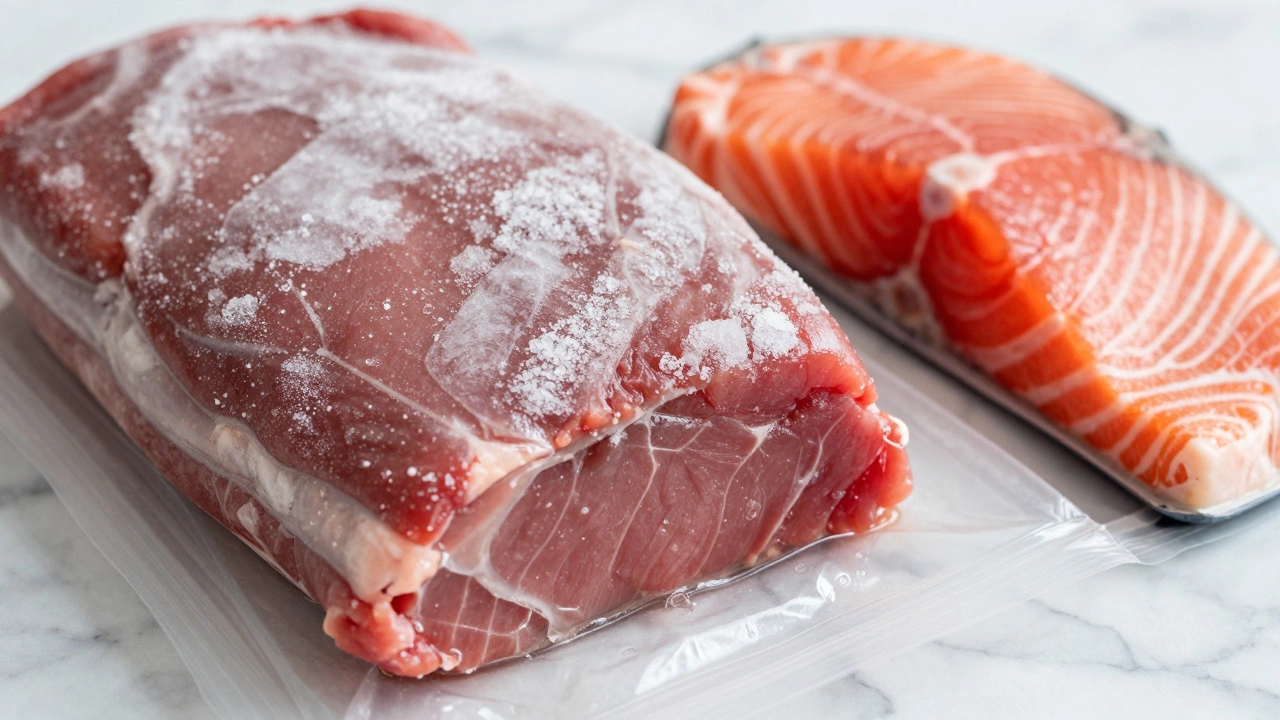 Close up of partially frozen meat with ice crystals next to thawed fish