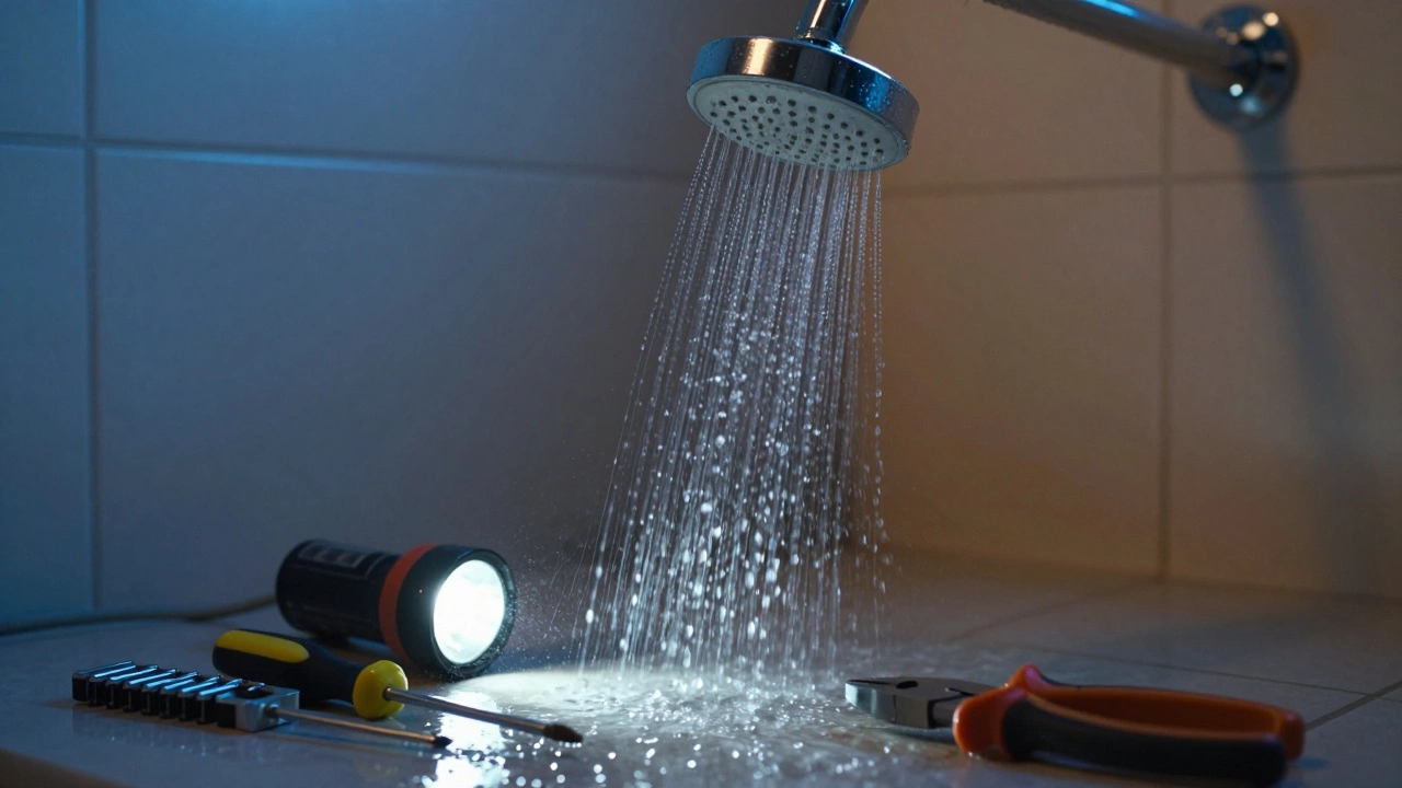 Cold shower head with repair tools nearby indicating no hot water