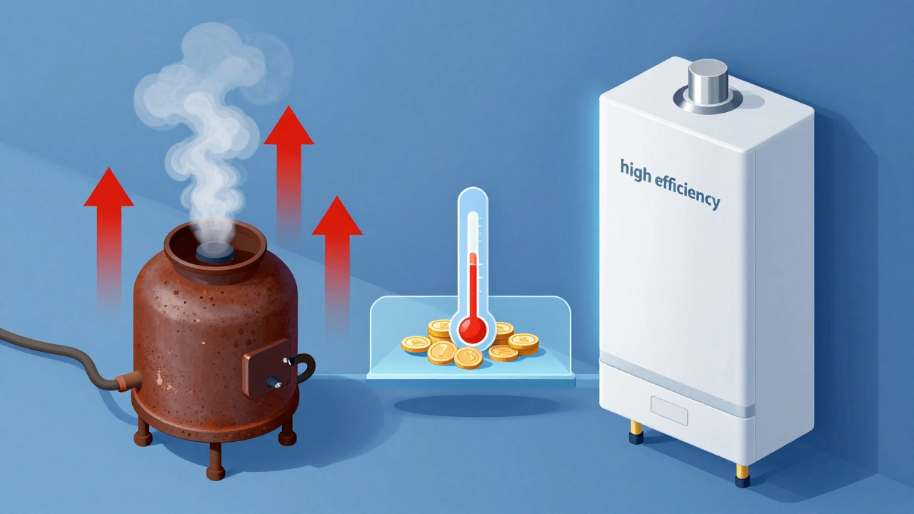 Conceptual graphic comparing old inefficient boiler vs modern efficient unit