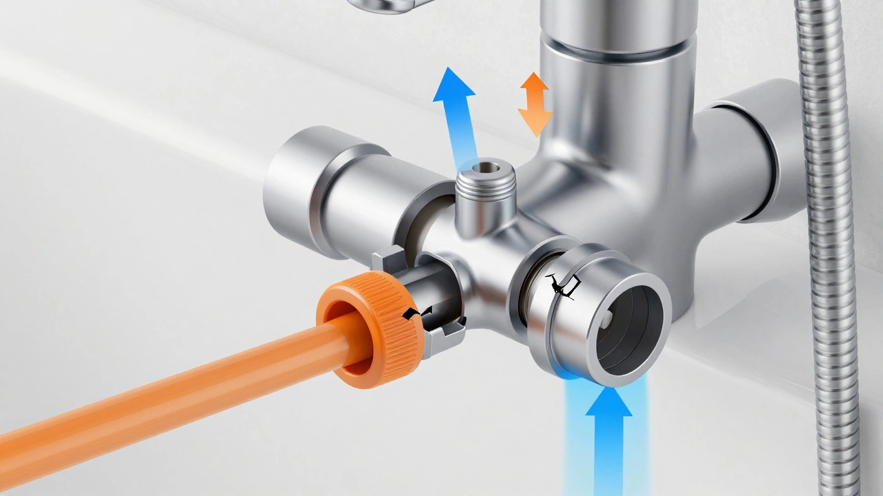 Cutaway view of a faulty bathtub diverter valve mechanism