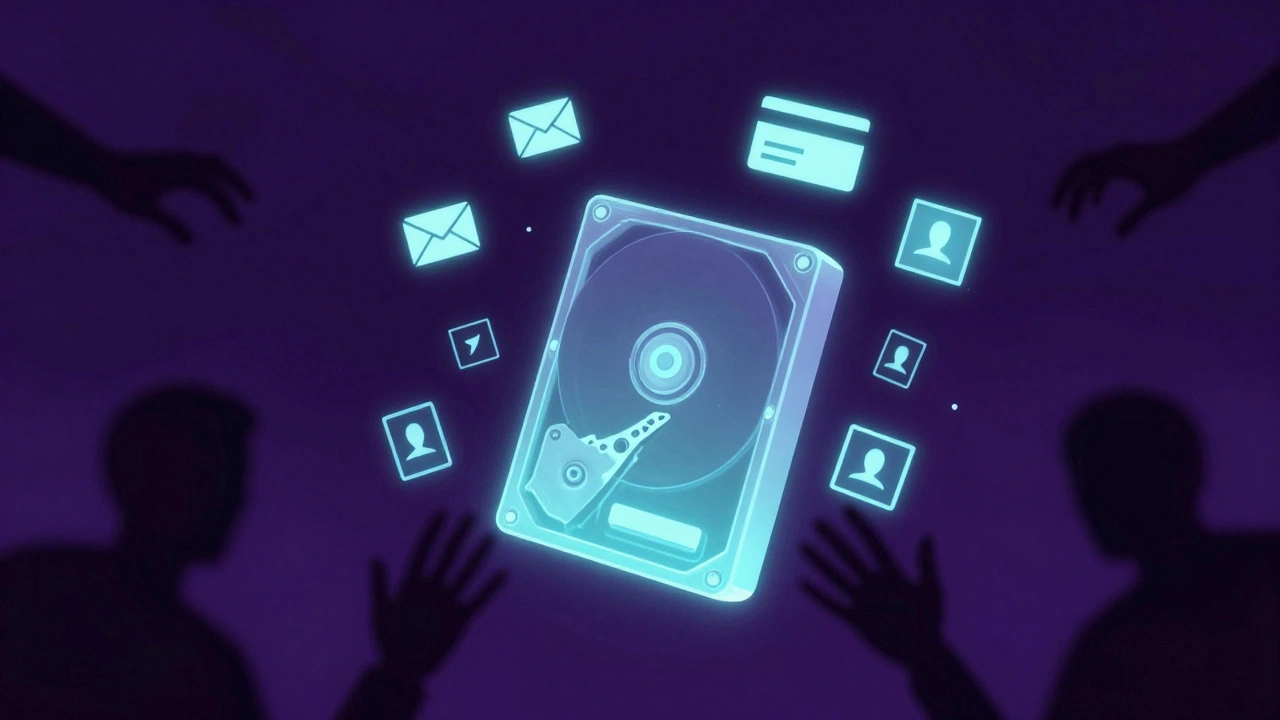 Digital art of shadowy figures reaching for floating data icons