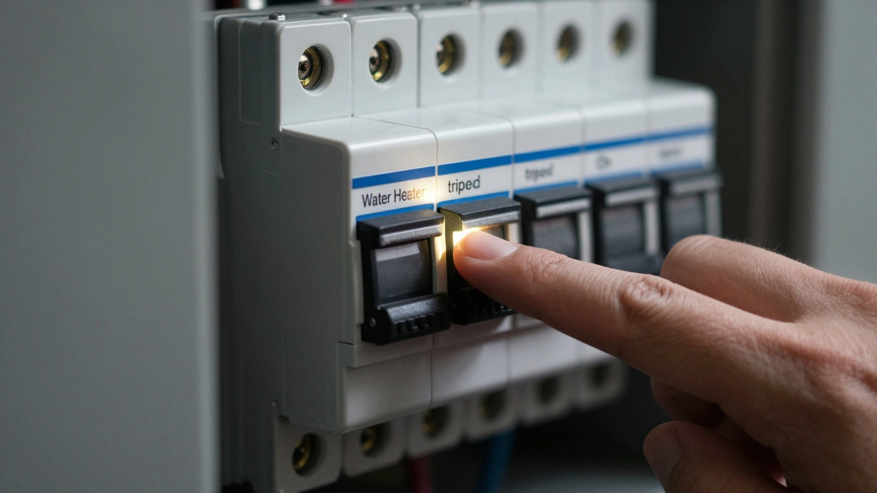 Hand resetting tripped circuit breaker switch for water heater