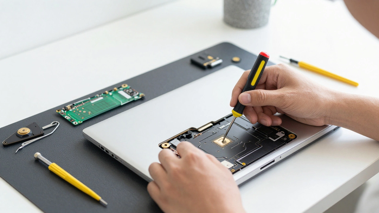 Hands repairing laptop with tools and parts on a clean workbench