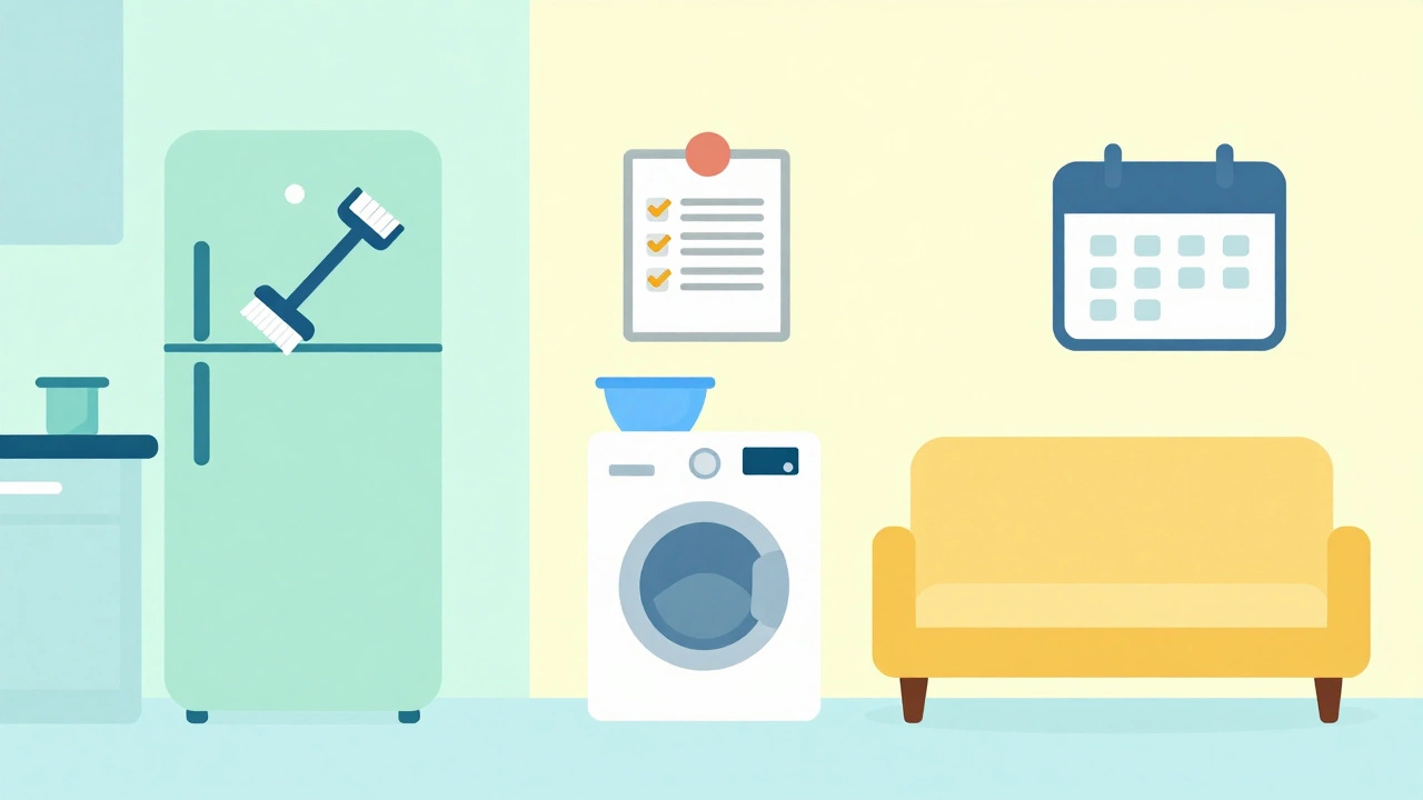 Illustration of home rooms with icons for appliance maintenance tasks