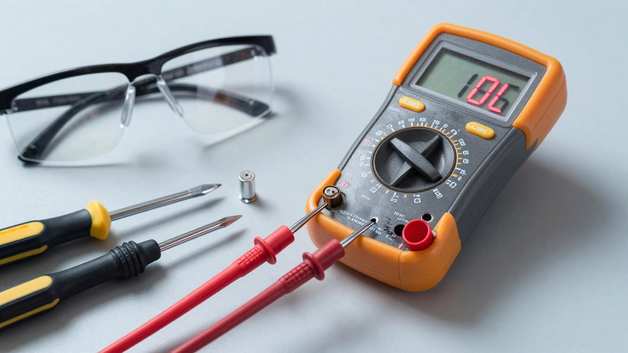 Multimeter showing open loop while testing a microwave fuse on a workbench.