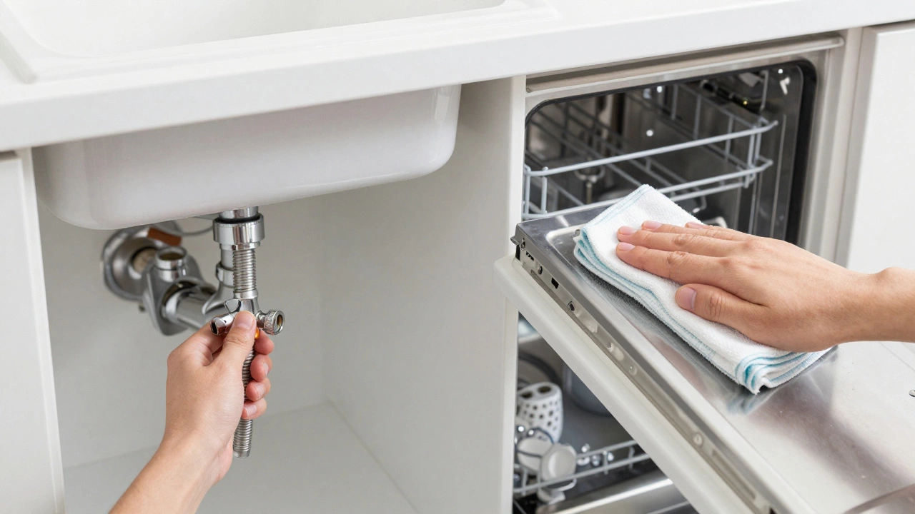 Person inspecting drain hose and wiping dishwasher door seal