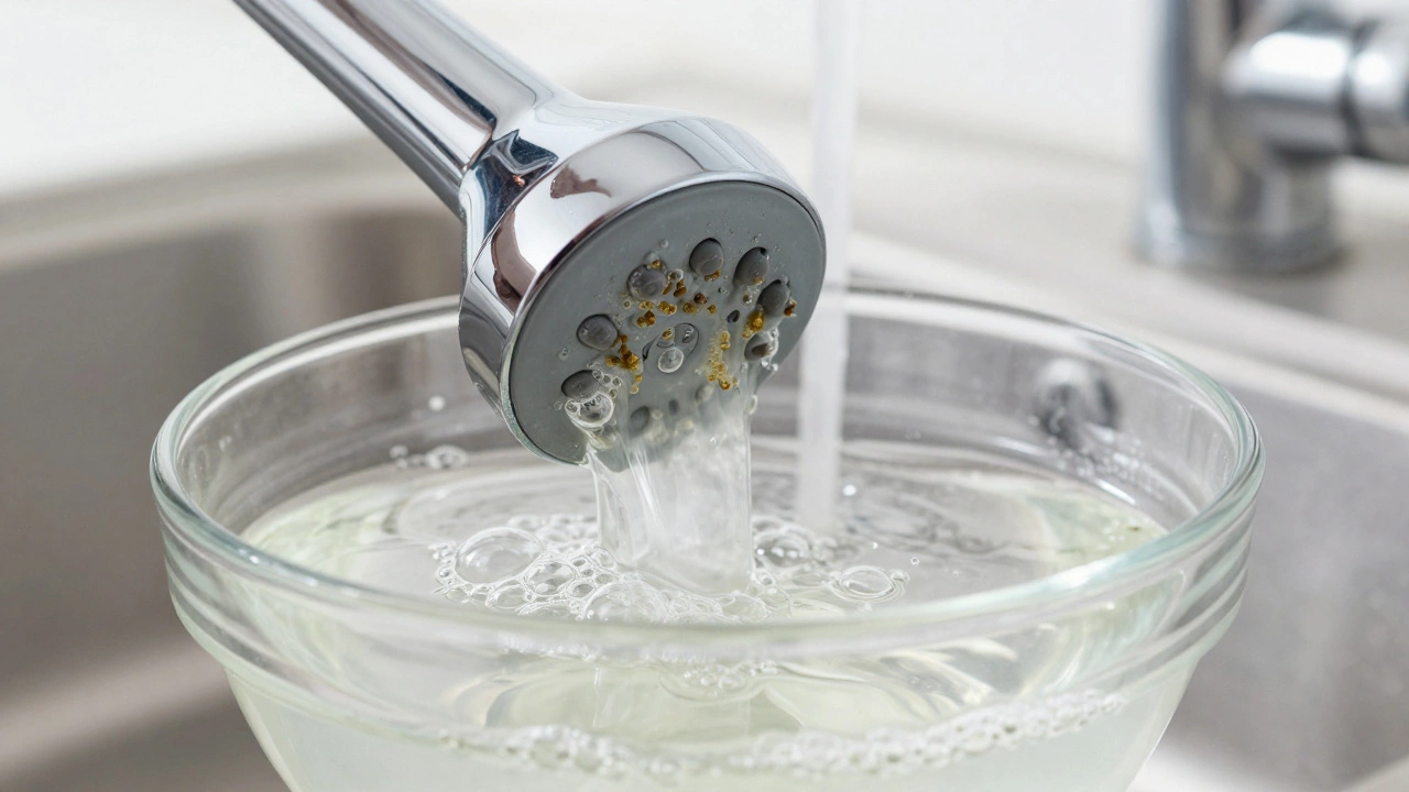 Shower head soaking in vinegar to remove limescale buildup