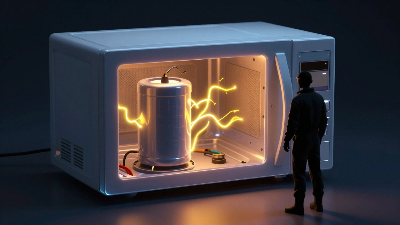 Stylized graphic showing dangerous high voltage arcs inside a microwave.