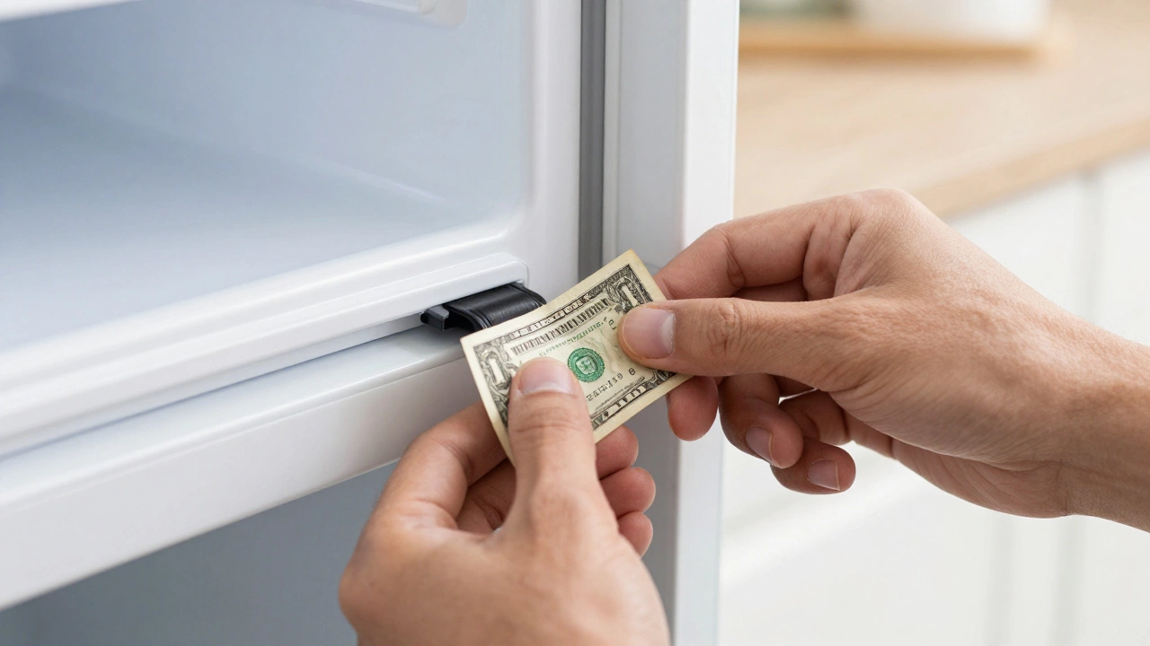 Technician testing a freezer door seal with a dollar bill for a DIY check.