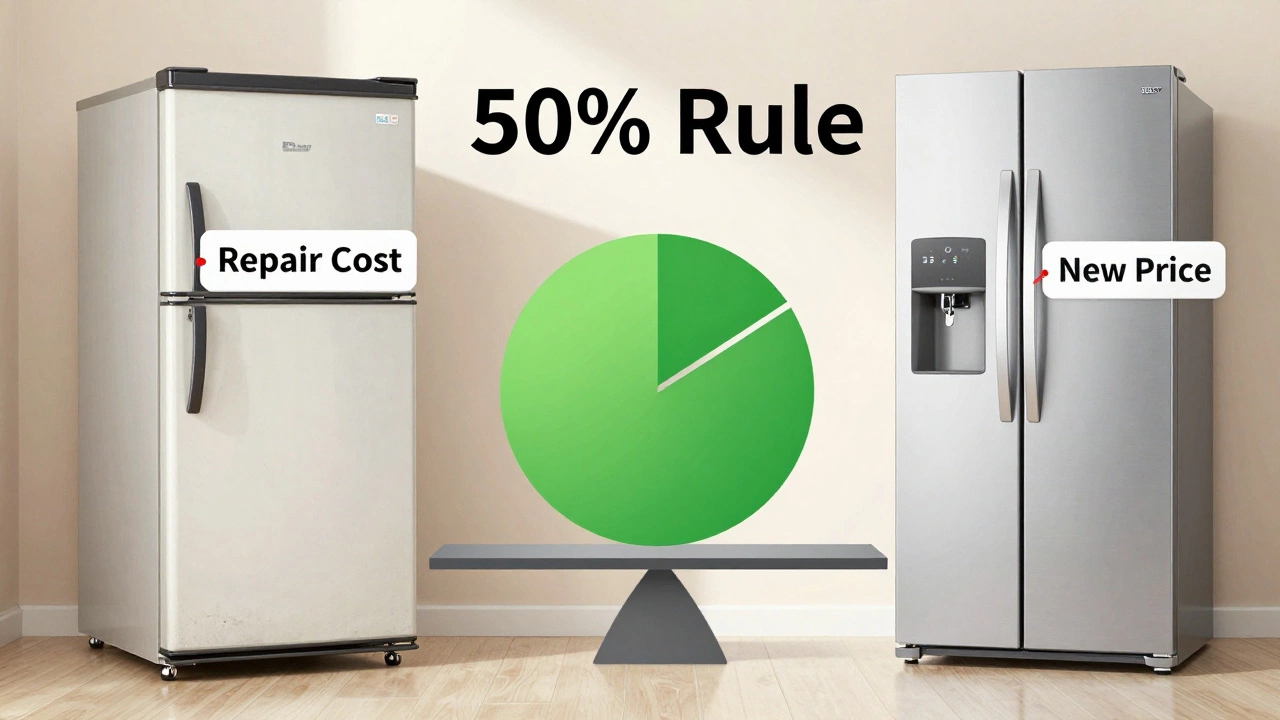 Visual comparison of repair costs versus buying a new energy-efficient freezer.