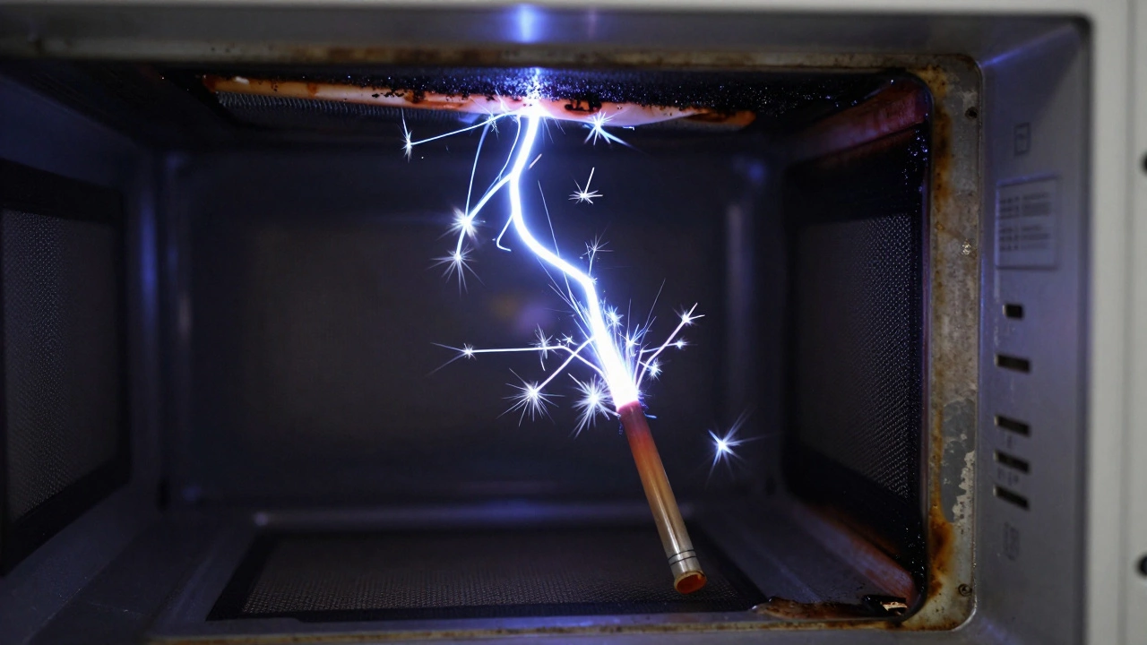Blue electrical sparks arcing inside a microwave near a burnt mica sheet