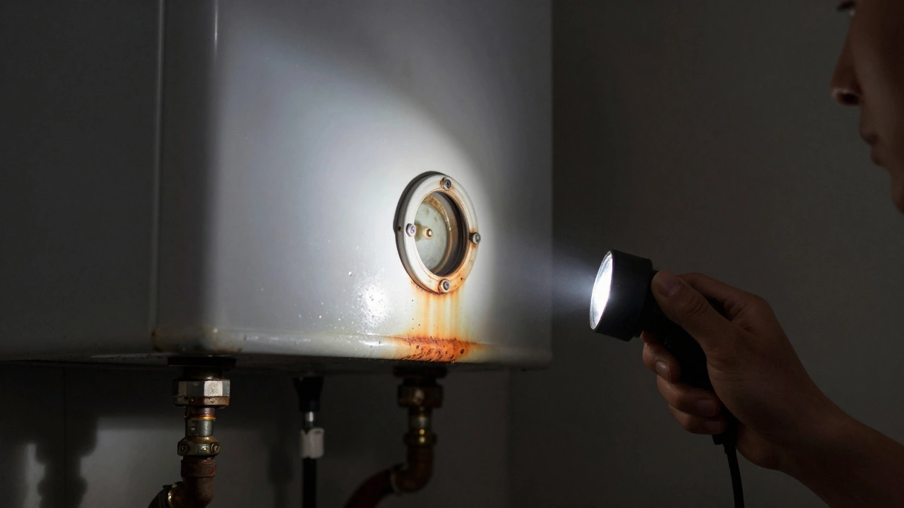 Close up of rusting gas water heater tank inspected by flashlight beam