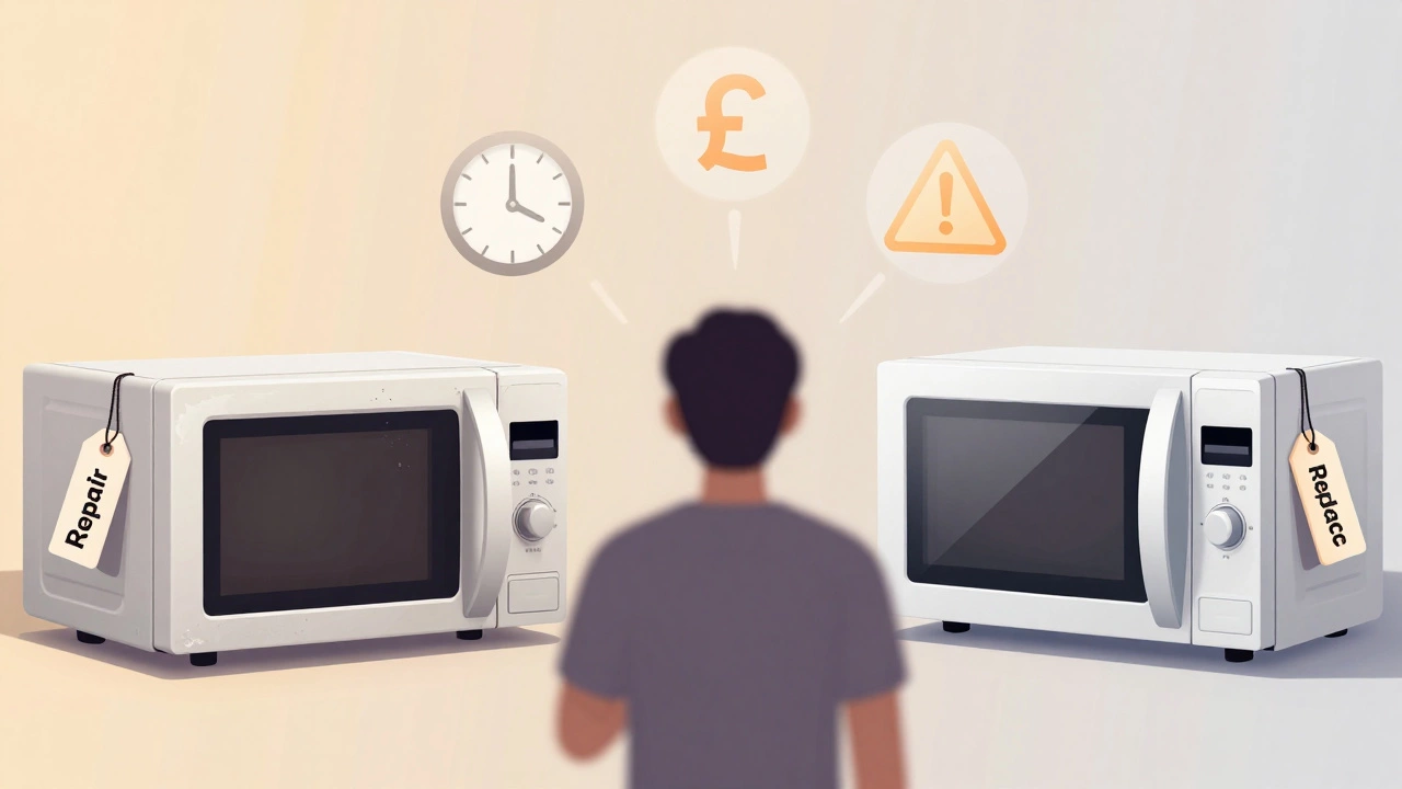 Comparison of an old worn microwave versus a new modern replacement model