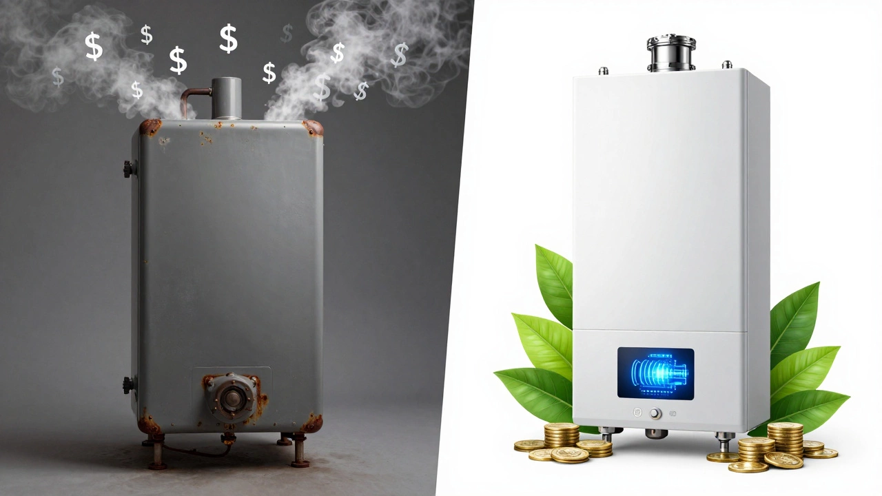 Comparison of inefficient old boiler vs efficient new one