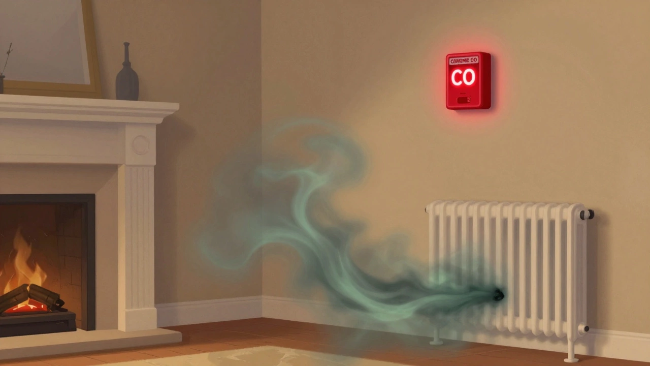 Conceptual illustration of carbon monoxide gas leaking near a CO alarm