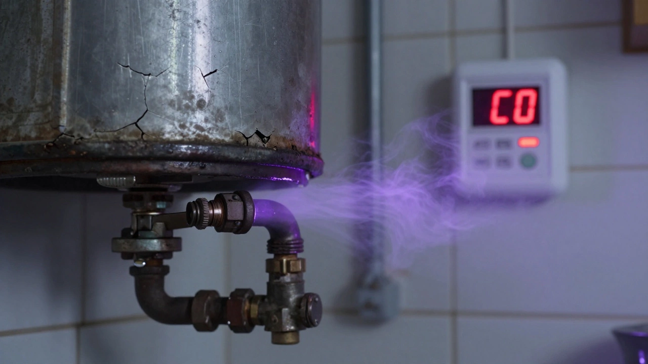 Corroded boiler leaking carbon monoxide danger sign