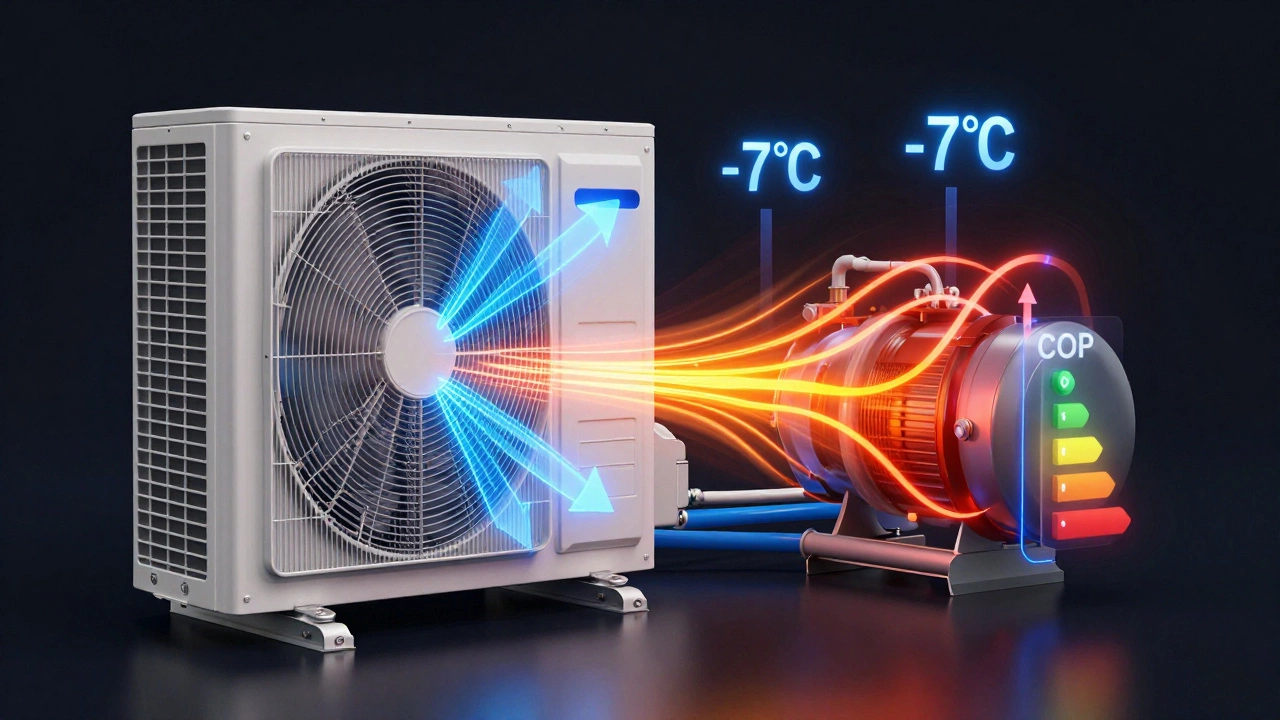 Cross-section diagram showing heat pump energy flow and cooling mechanism