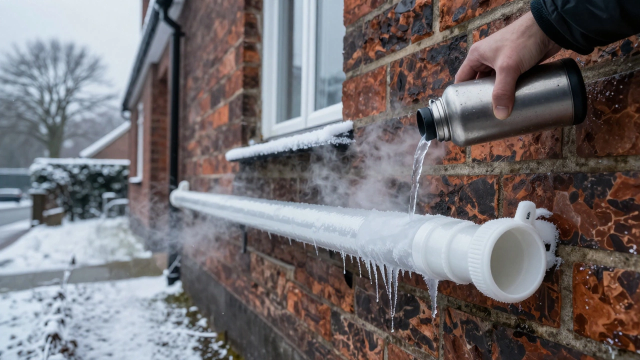 Frozen condensate pipe on house exterior being thawed with warm water