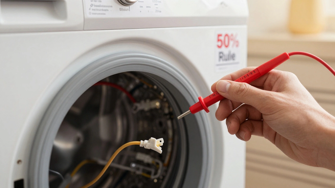 Hand using multimeter on unplugged washing machine parts