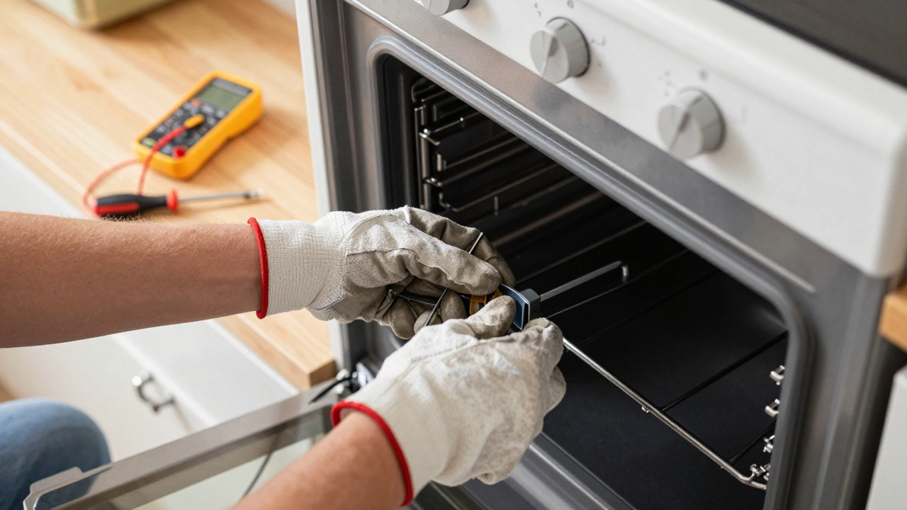 Homeowner replacing an oven baking element as a DIY repair task