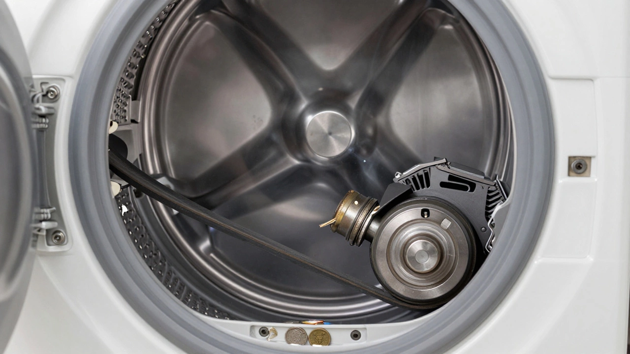 Internal view of broken dryer belt and trapped coins