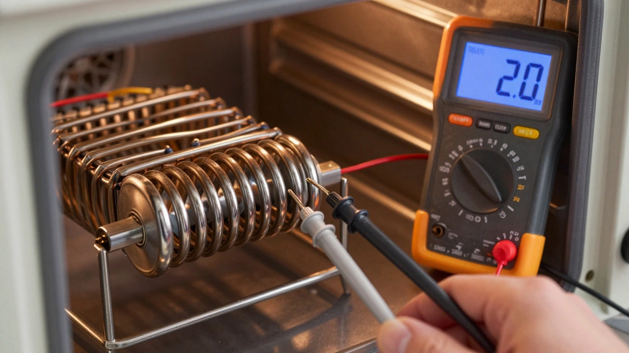 Multimeter probes testing continuity on oven heating element