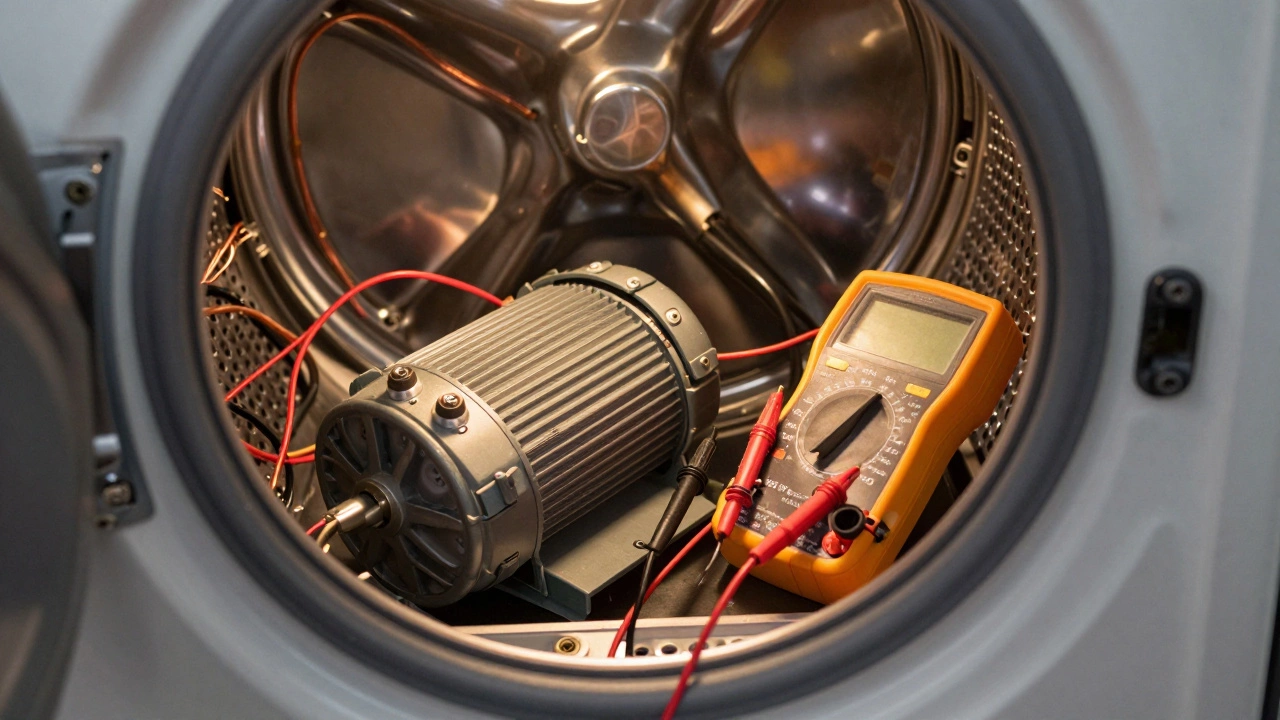 Multimeter testing electrical components inside a dryer