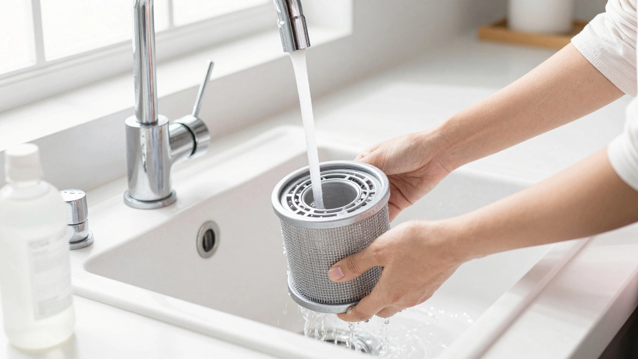 Person rinsing dishwasher filter under kitchen tap with water