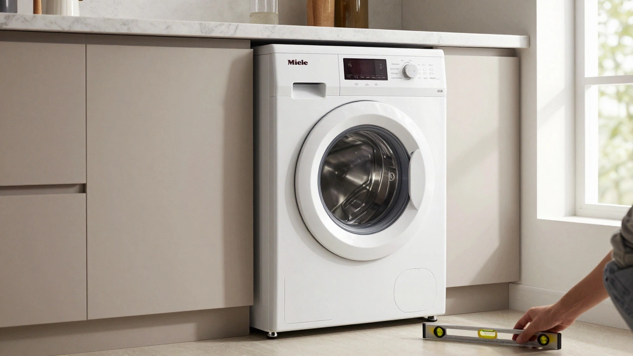 Premium Miele washer in a luxury kitchen with a spirit level nearby