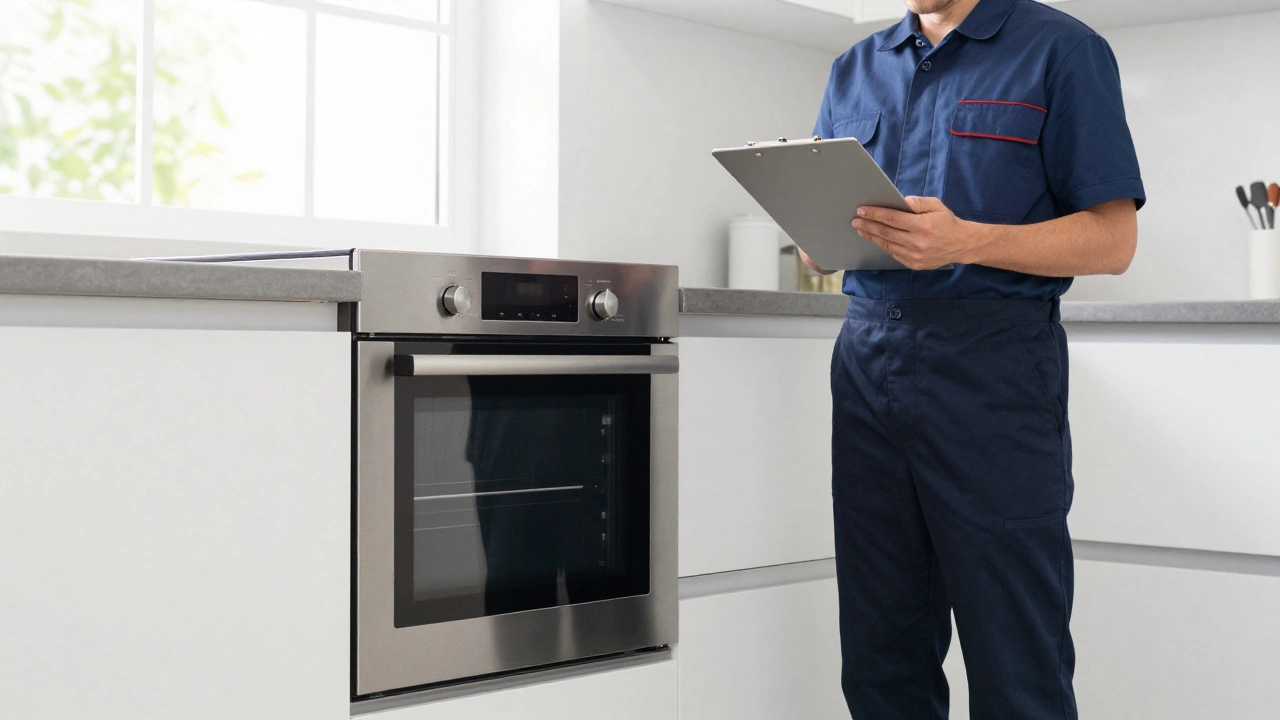 Professional technician inspecting oven in modern kitchen