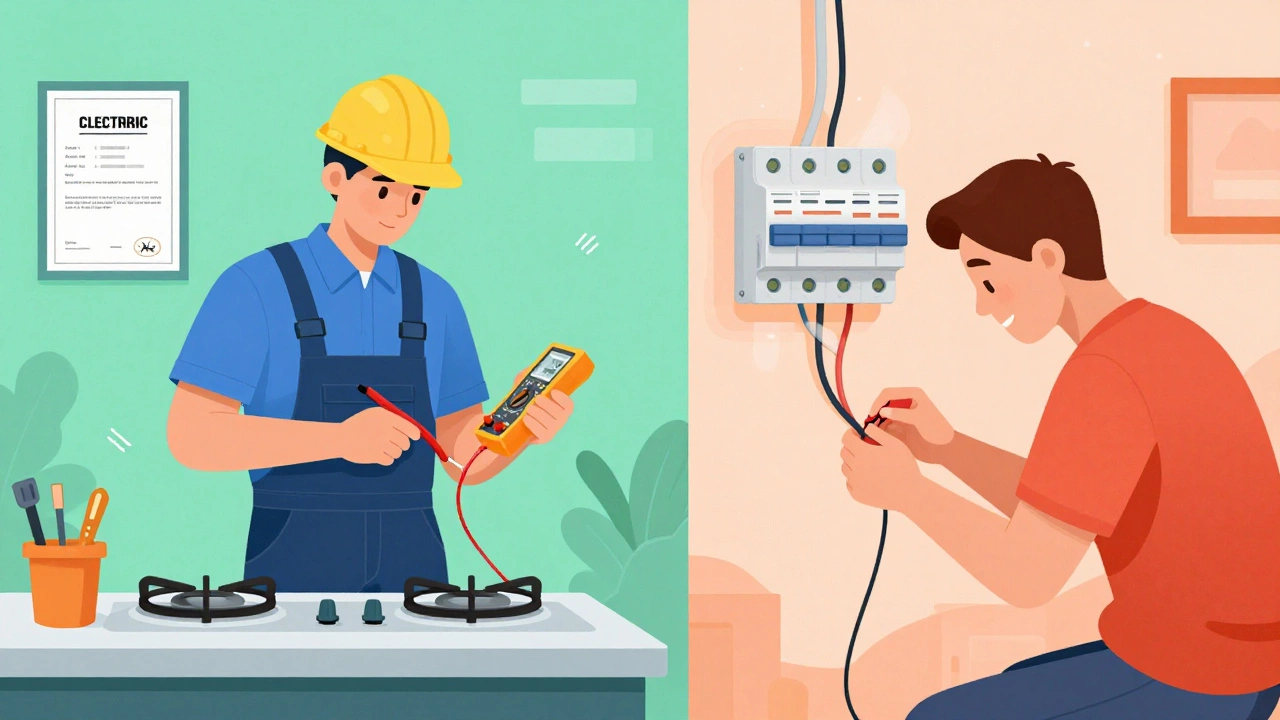 Split view comparing pro electrician safety vs DIY risks