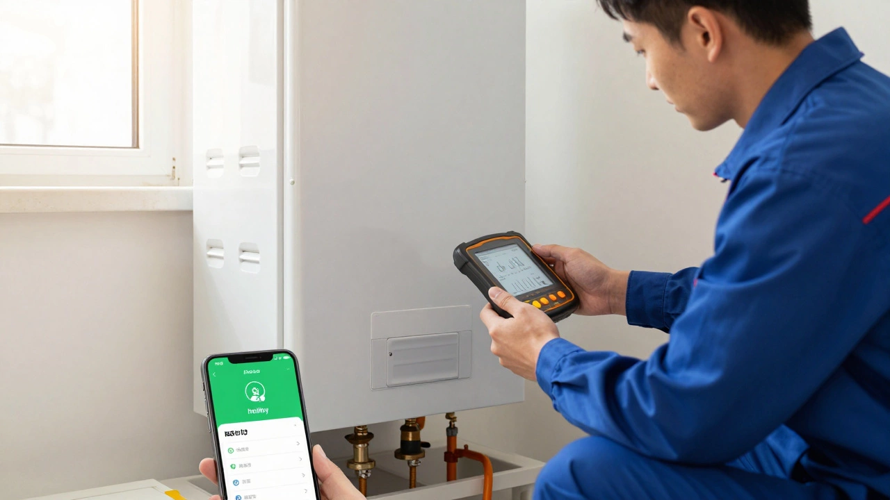 Technician servicing a modern gas boiler with a smartphone app