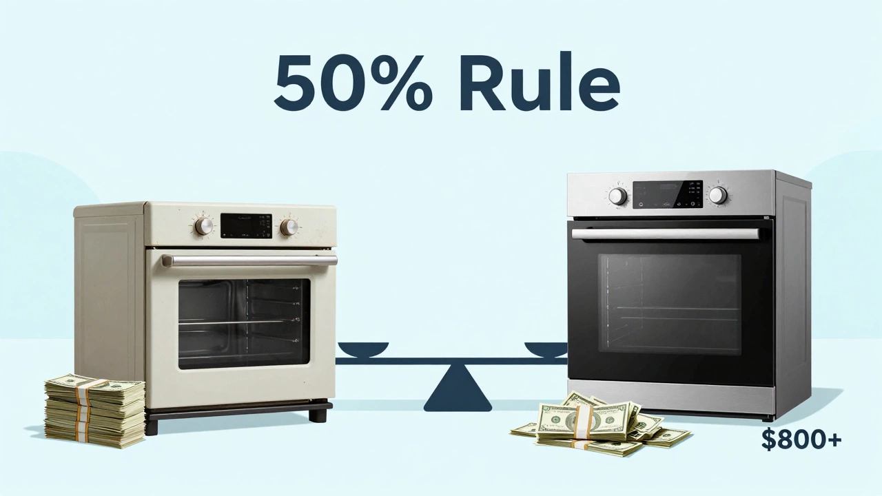 Visual comparison of repair costs versus buying a new electric oven