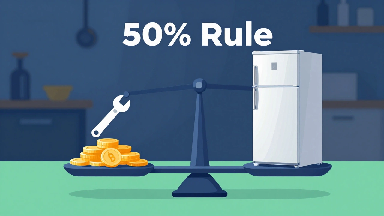 Conceptual scale comparing repair costs vs new freezer price using 50 percent rule