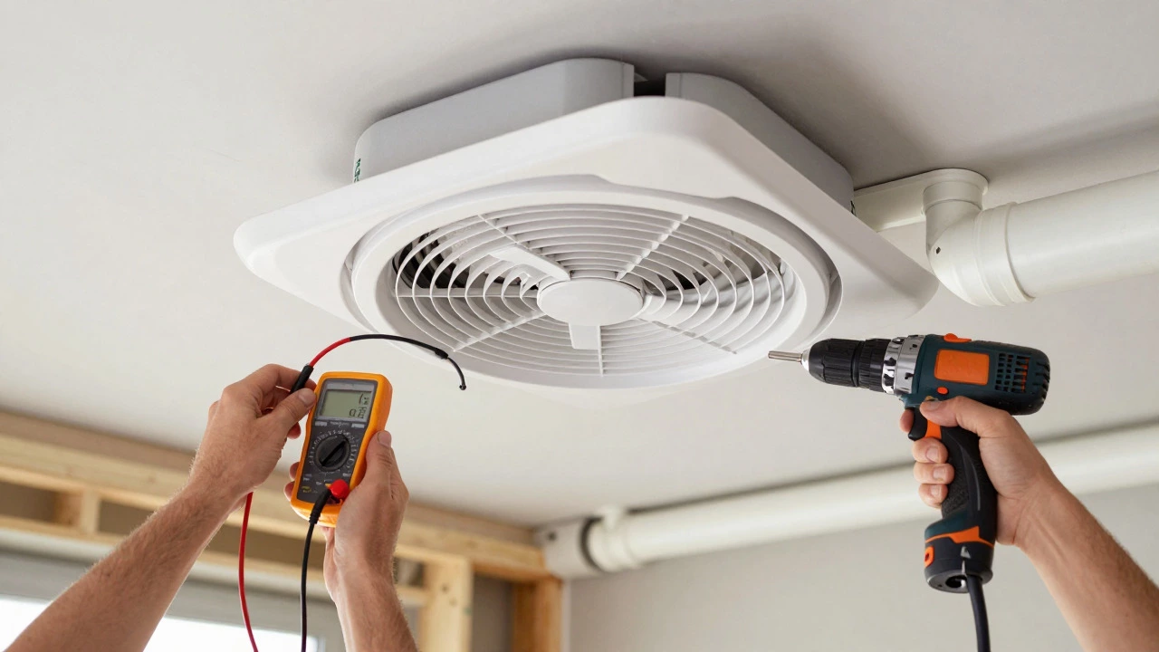 Extractor fan with electrician wiring and plumber drilling nearby
