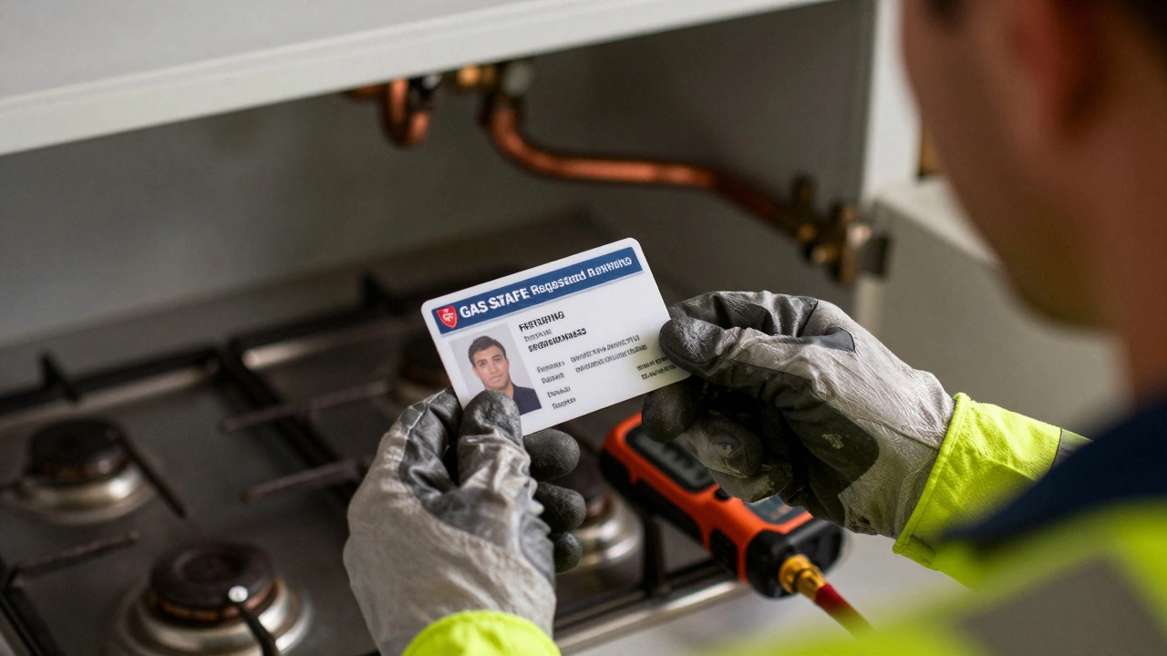 Gas engineer checking ID and using safety analyzer
