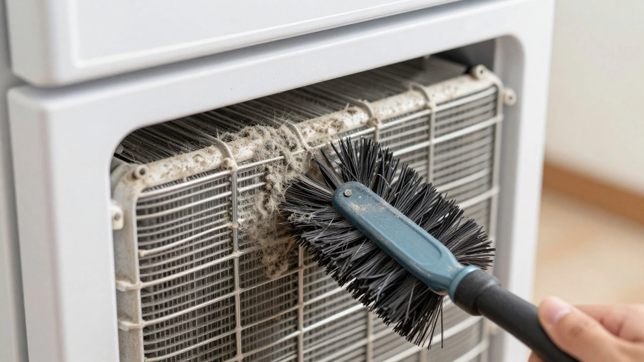 Hand cleaning dusty condenser coils with a brush