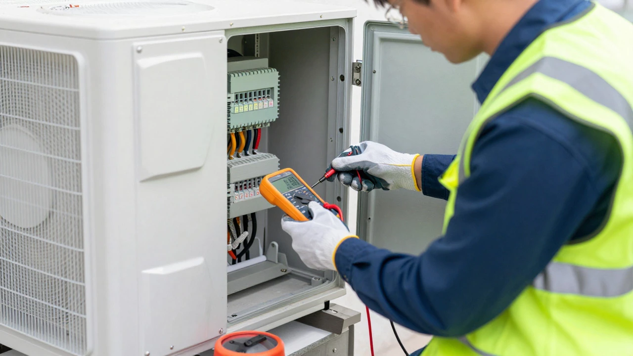 HVAC technician testing electrical components of heat pump