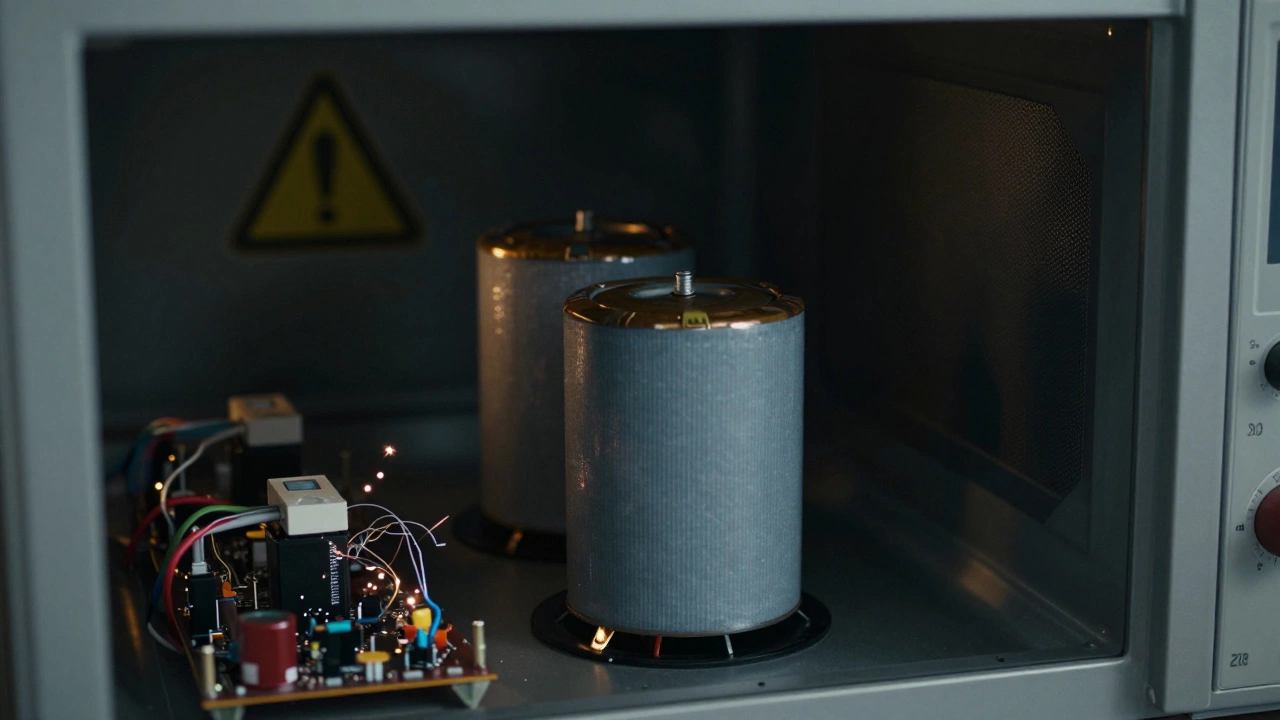 Internal high-voltage components of a microwave showing safety hazards