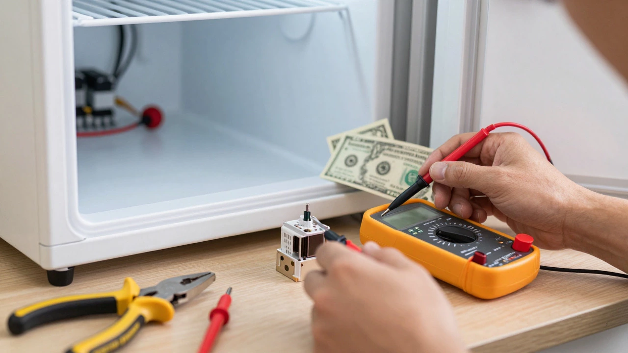 Multimeter testing freezer parts on a workbench