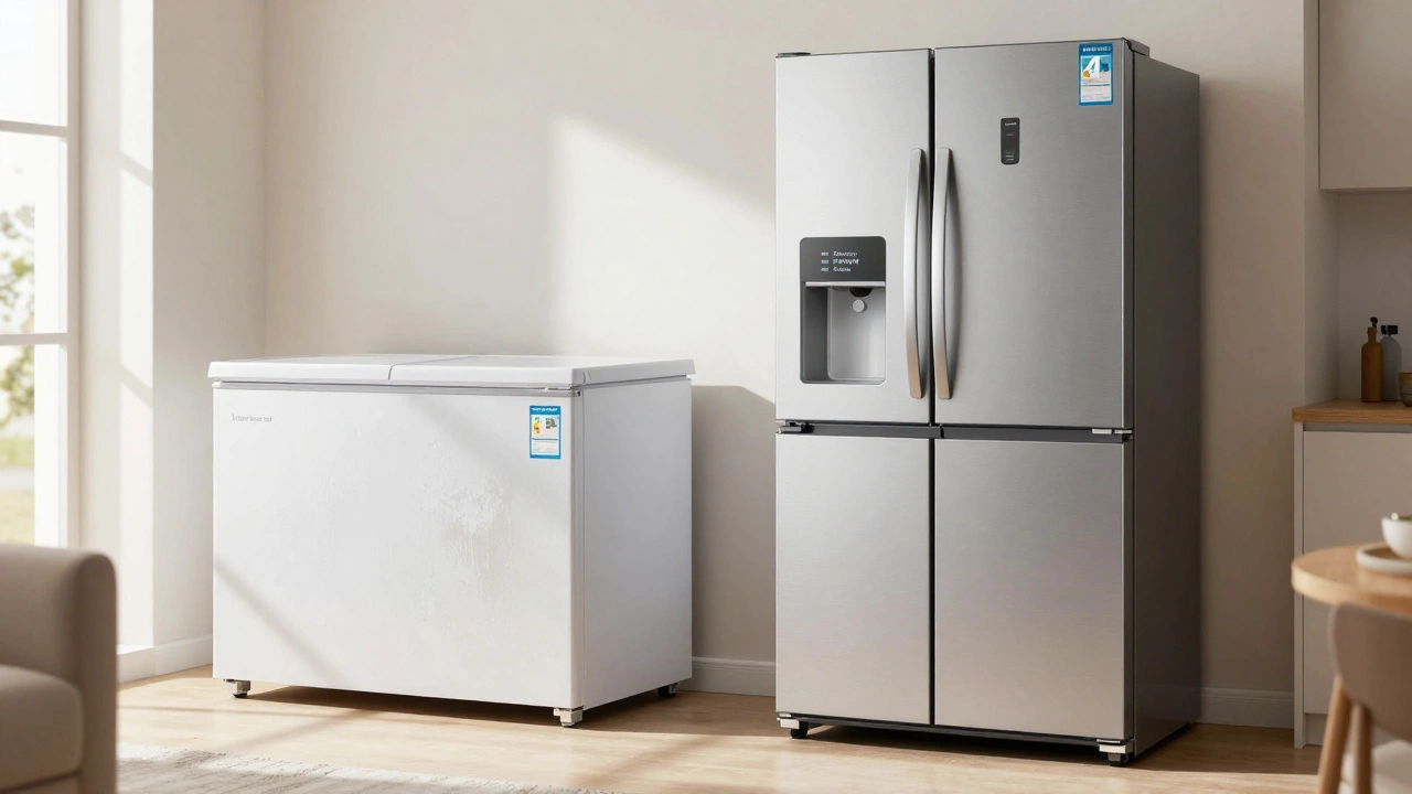Old inefficient chest freezer compared to new high-energy-rated upright model