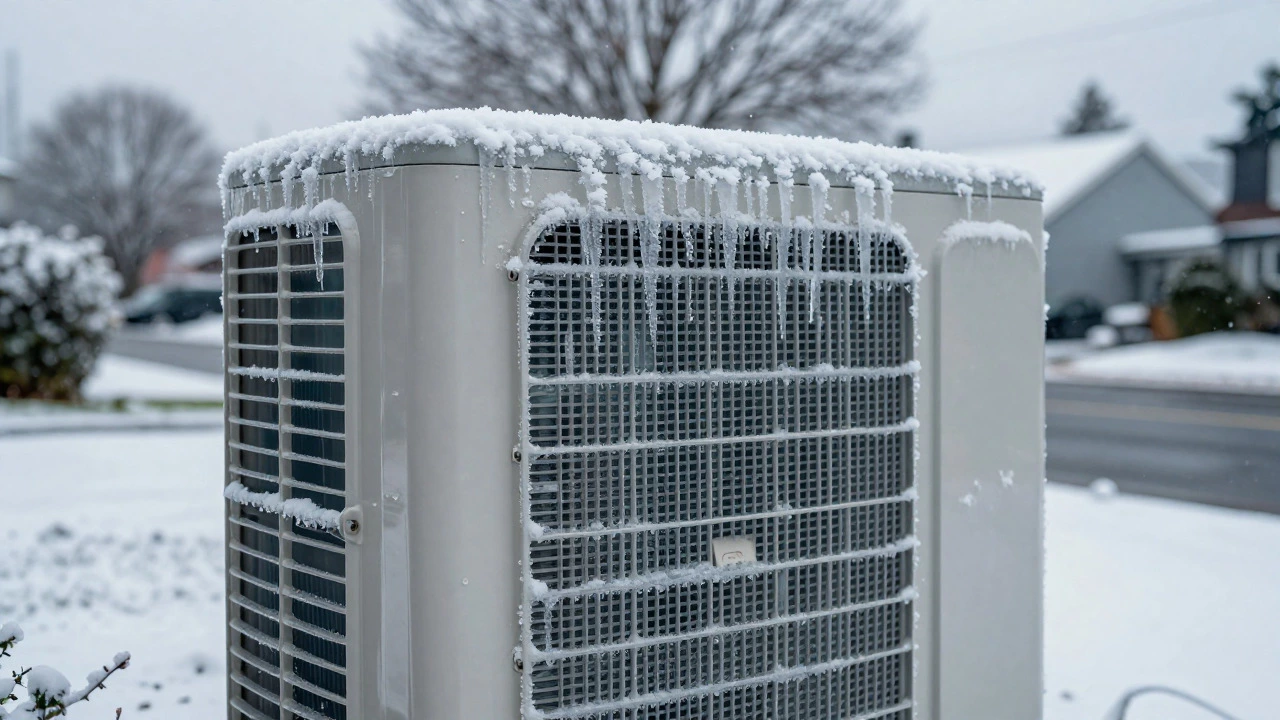Outdoor heat pump unit covered in thick ice and frost