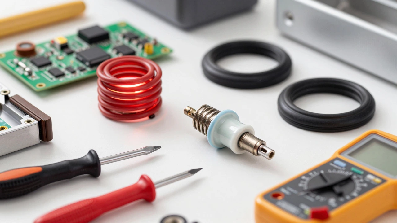 Oven parts like heating elements and control boards on table
