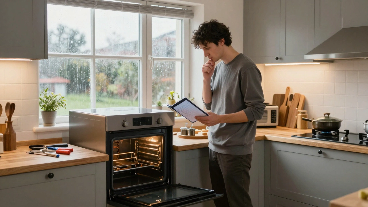 Person assessing oven repair options in a cozy rainy-day kitchen