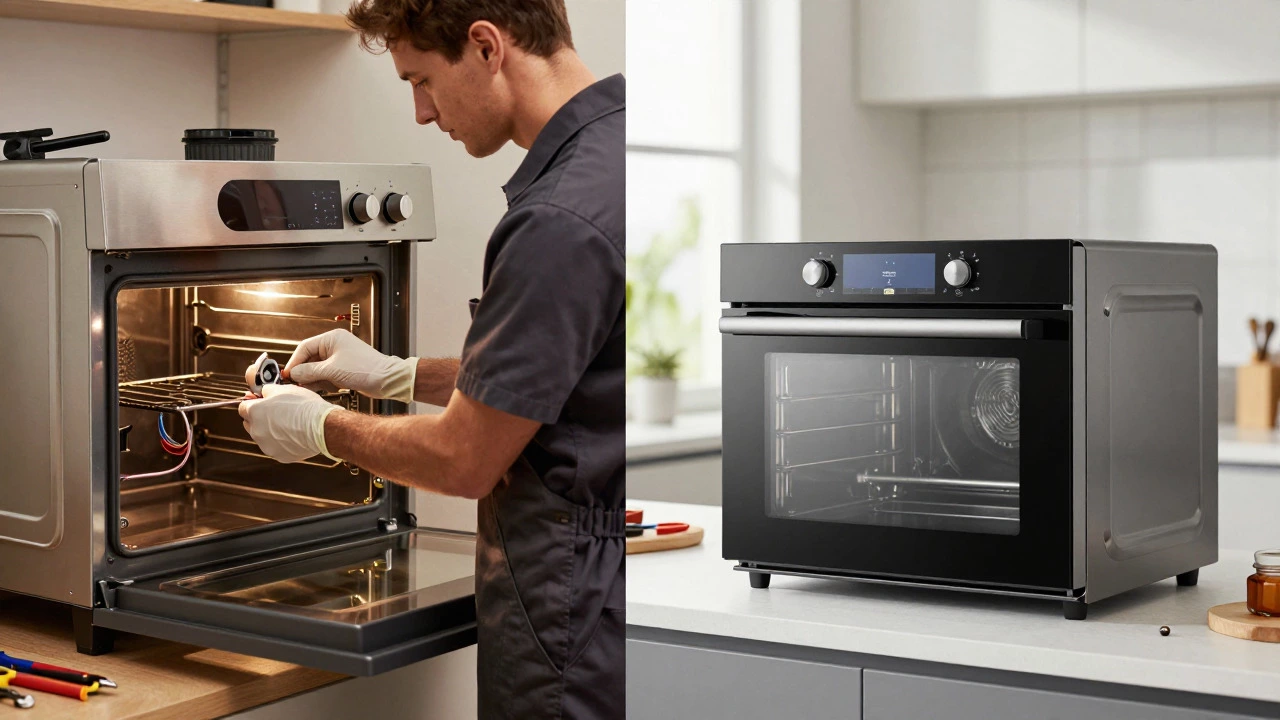 Technician repairing old oven next to new modern oven