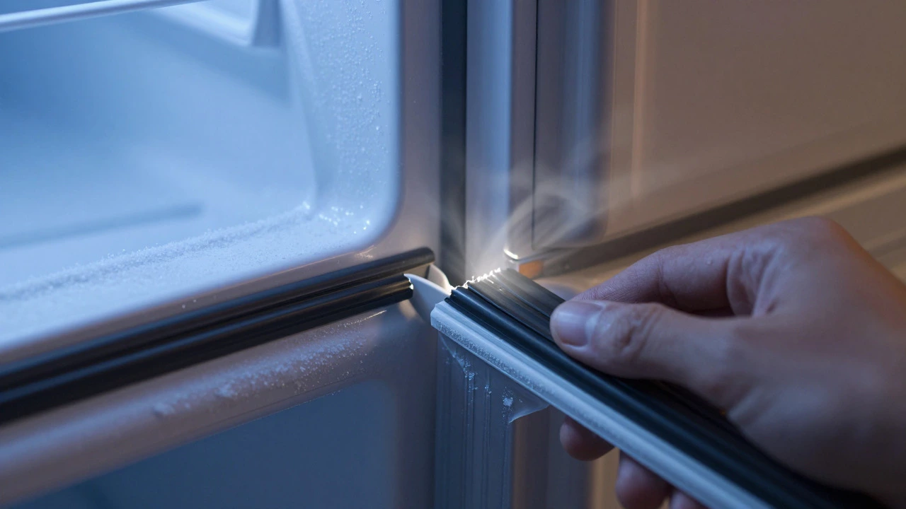 Close-up of a damaged freezer door seal with warm air escaping and frost forming on the edges.