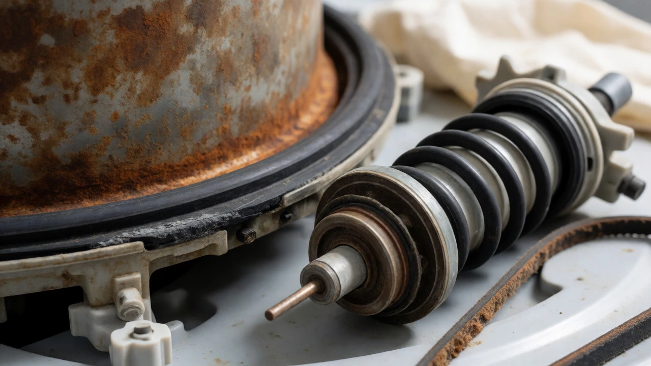 Close-up of rusty washing machine parts including gaskets and belts